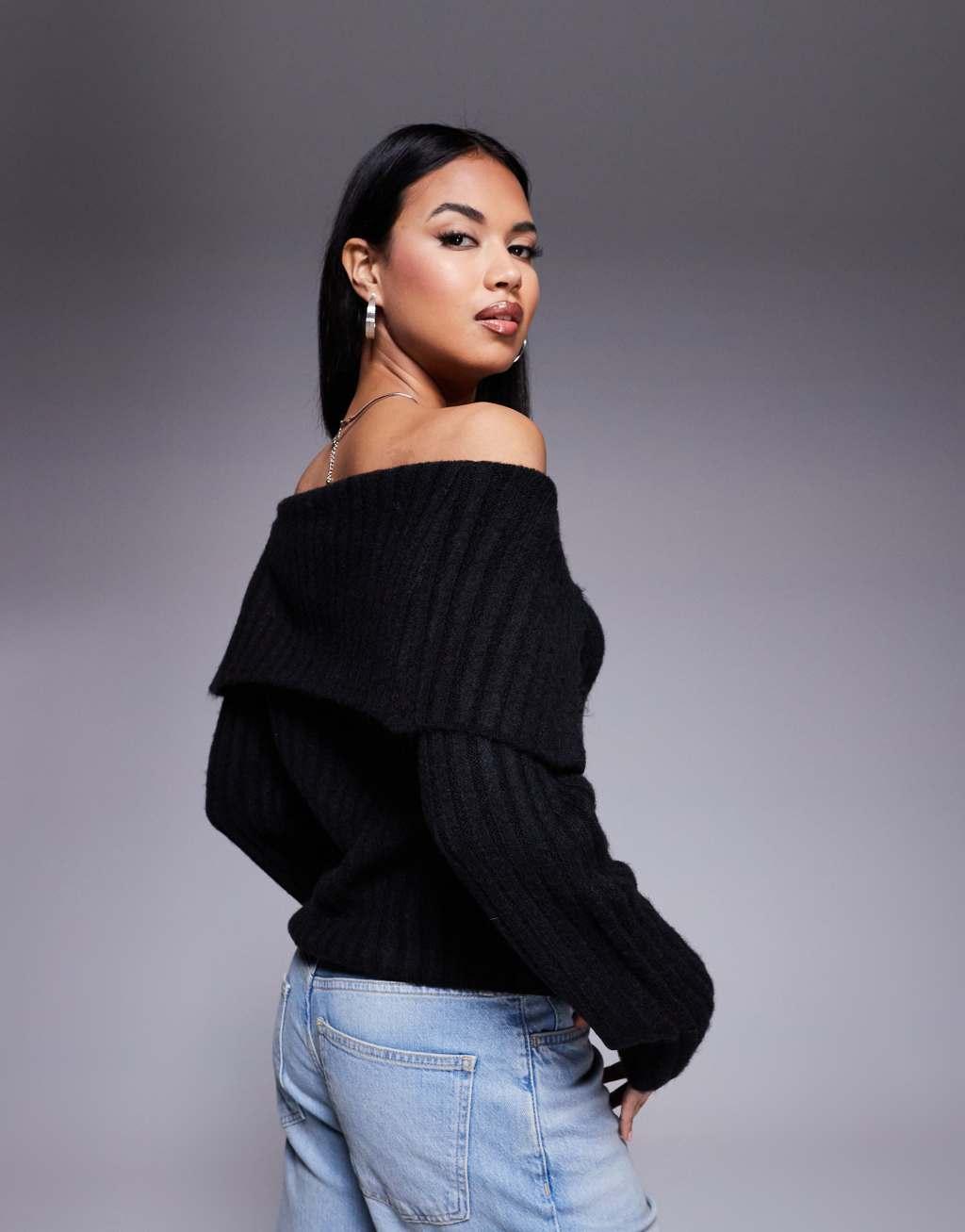 ASOS DESIGN off-the-shoulder sweater in black Product Image