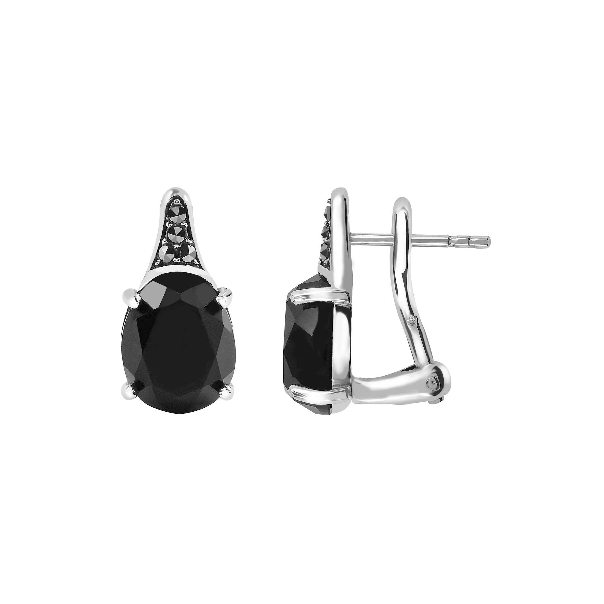 Lavish by TJM Sterling Silver Onyx & Marcasite Oval Stud Earrings, Women's Product Image