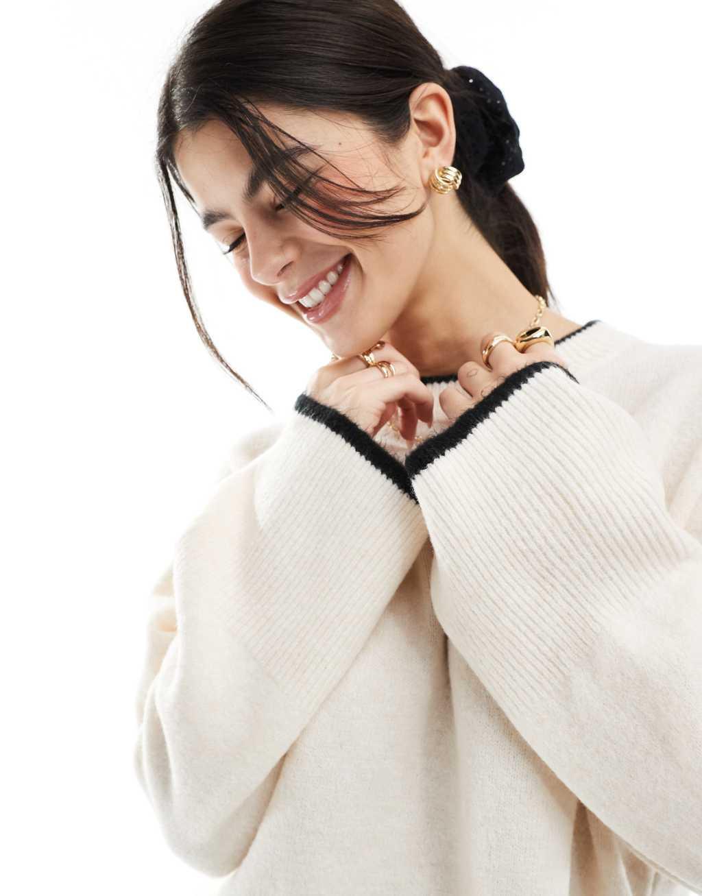 ASOS DESIGN boxy crew neck sweater with tipping detail in cream Product Image