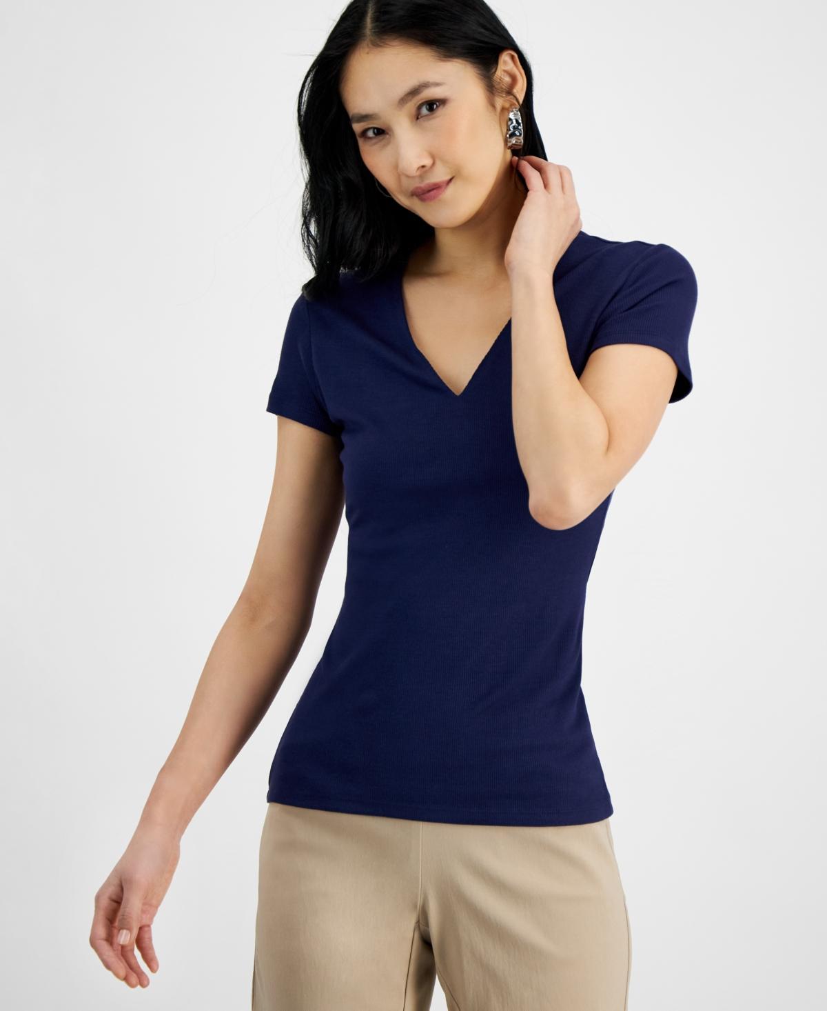 I.n.c. International Concepts Womens Ribbed V-Neck Top, Created for Macys Product Image