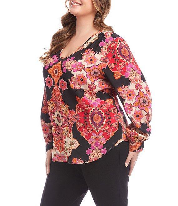 Karen Kane Plus Size Woven Bold Medallion Floral V-Neck Long Sleeve Tunic Product Image