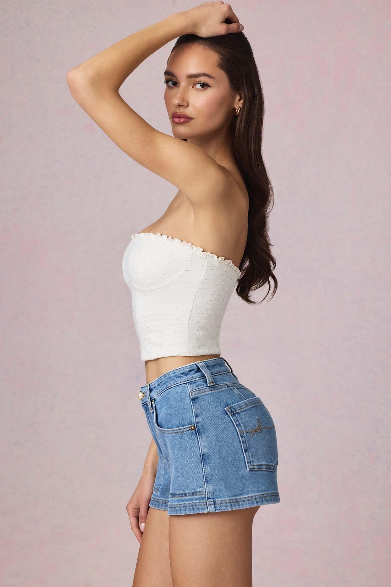 High-Waist A-Line Shorts in Mid-Blue Wash Product Image