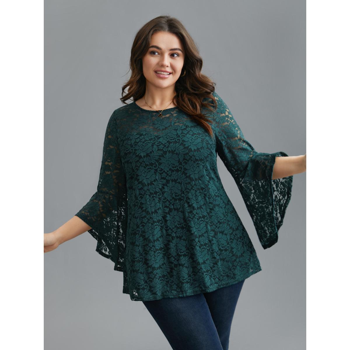 Plus Size DarkGreen Sheer Lace Irregular Sleeve Lined Shirt Women Elegant Long Sleeve Round Neck Everyday Blouses BloomChic 10/M Product Image