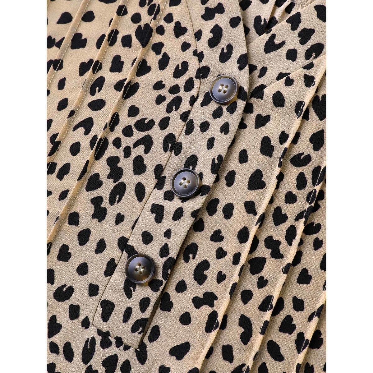 Plus Size Tan Leopard Print Toothpick Pleat Blouse Women Short sleeve V-neck Work Blouses BloomChic 22-24/3X Product Image