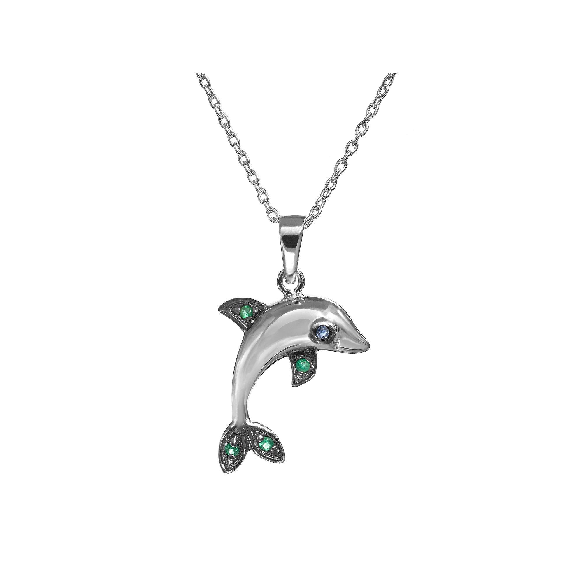 Sophie Miller Simulated Emerald & Simulated Sapphire Sterling Silver Dolphin Pendant Necklace, Womens Multicolor Product Image
