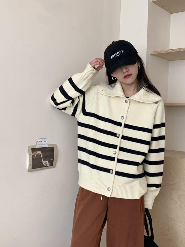 Striped Collared Button-Up Cardigan Product Image