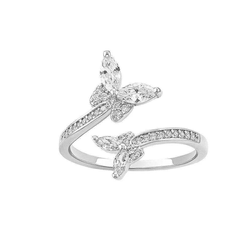 PRIMROSE Fine Silver Plated Cubic Zirconia Double Butterfly Bypass Ring, Women's, Size: 9, Silvertone White Product Image