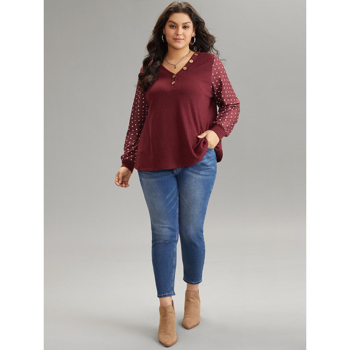 Plus Size Polka Dot Patchwork Button Detail Rib Knit T-shirt Burgundy Women Casual Texture Polka Dot V-neck Dailywear T-shirts BloomChic 10/M Product Image