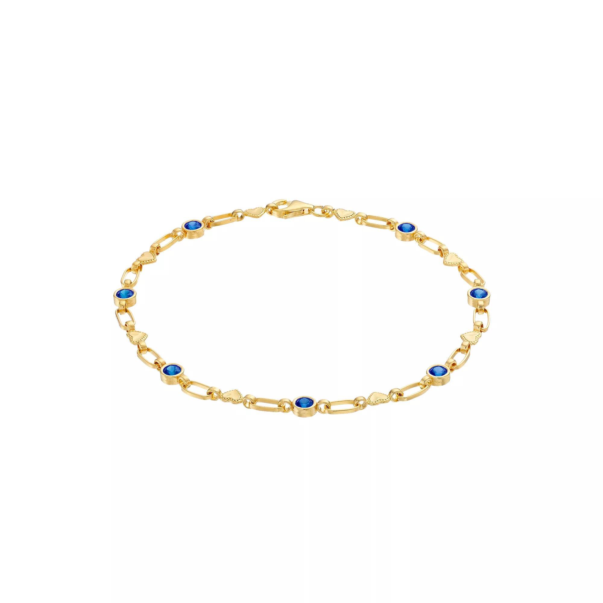 Kristen Kesho Sterling Silver Lab-Created Sapphire Heart Link Bracelet, Women's, Size: 7.5", Gold Tone Product Image