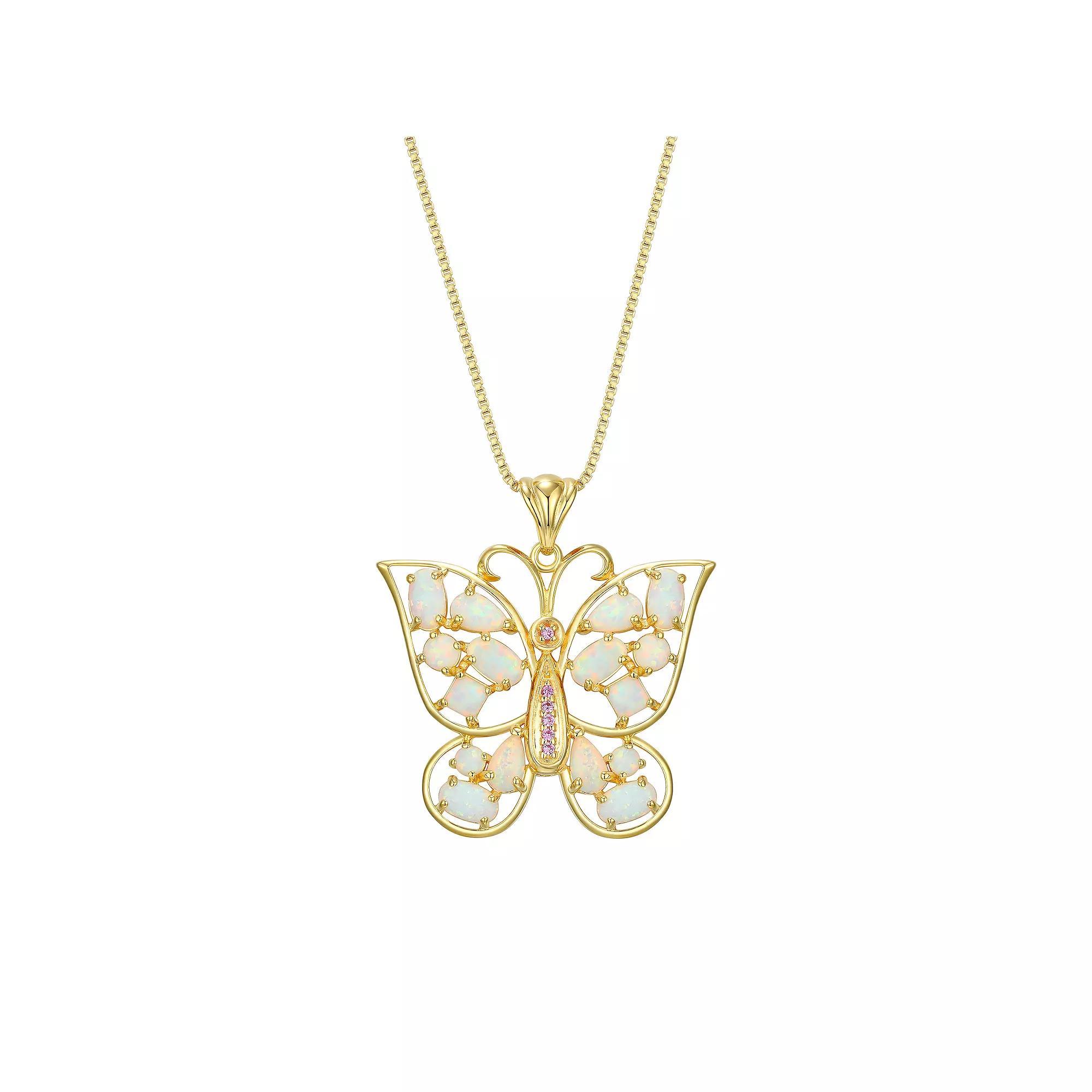 18K Gold Over Silver Created Opal and Created Pink Sapphire Butterfly Pendant, Women's, Size: 18", Gold Tone Product Image
