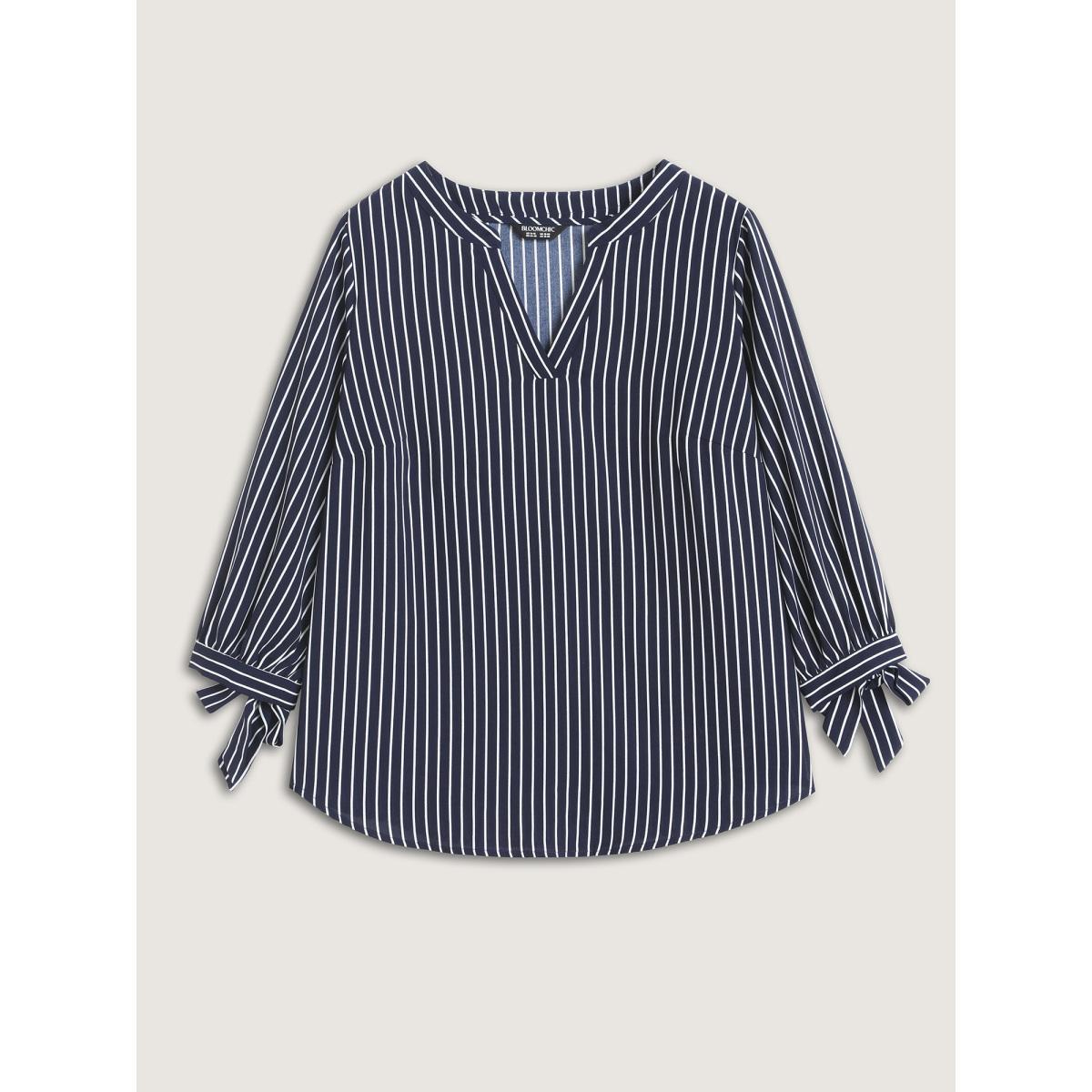 Plus Size DarkBlue Striped Notched Collar Sleeve Tie Blouse Women Three Quater Length Sleeve Flat collar with V-notch Work Blouses BloomChic 12/L Product Image