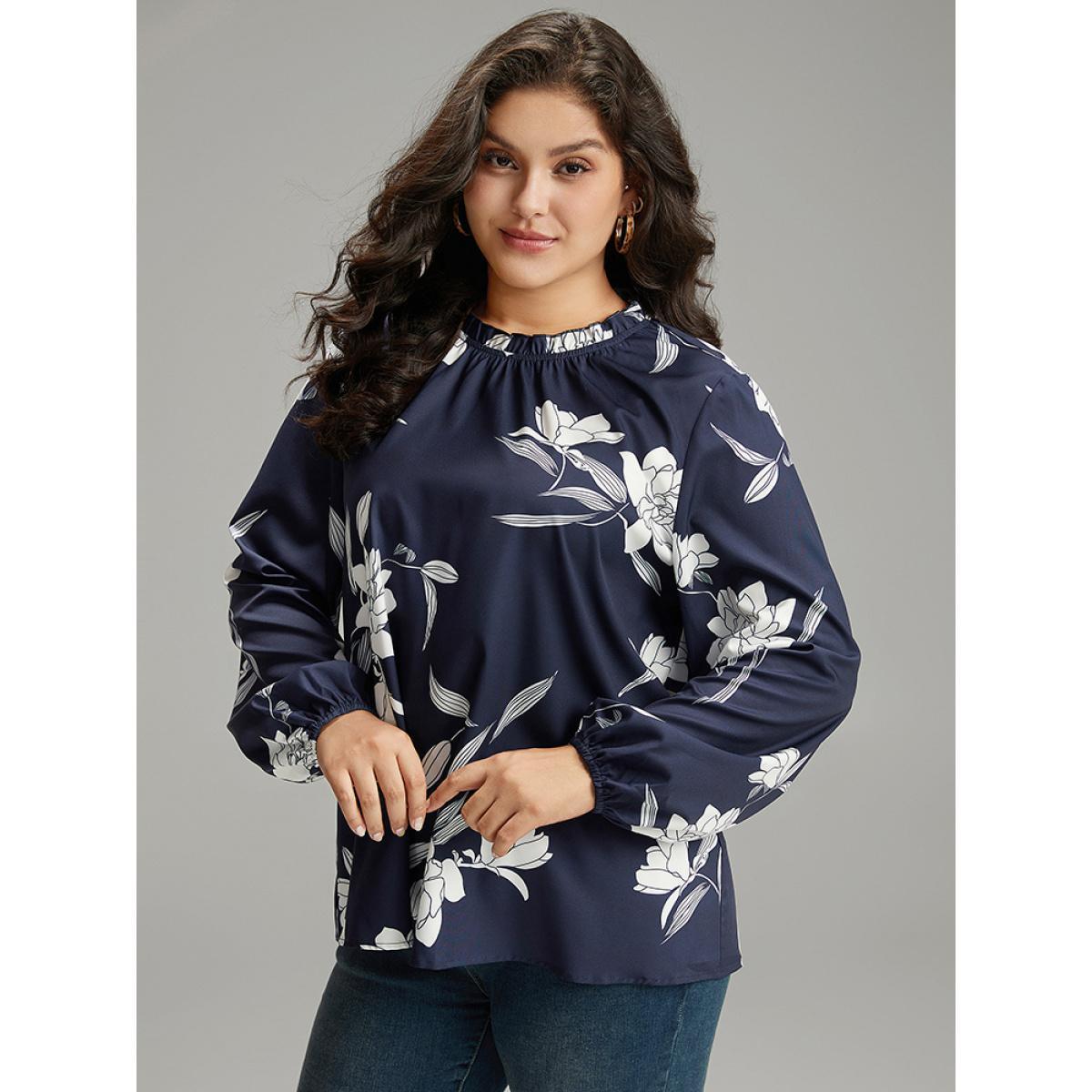 Plus Size Indigo Silhouette Floral Print Frill Trim Pleated Blouse Women Elegant Long Sleeve Round Neck Dailywear Blouses BloomChic 26/4X Product Image