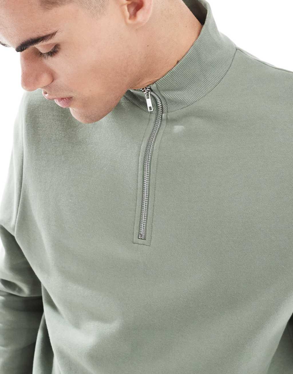 ASOS DESIGN essential sweatshirt with quarter zip in mid green Product Image