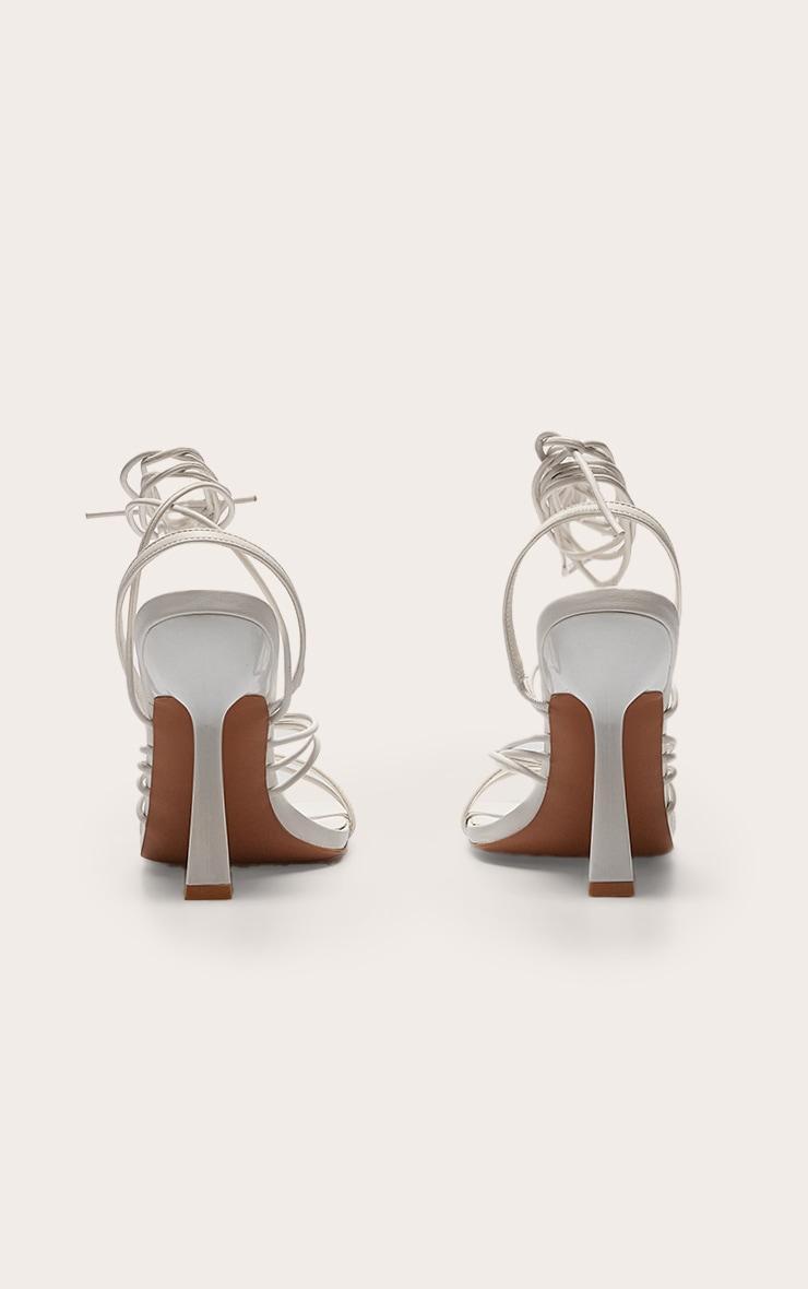 White Pu Square Toe Asymmetric Strappy Lace Up High Heel Sandals Product Image
