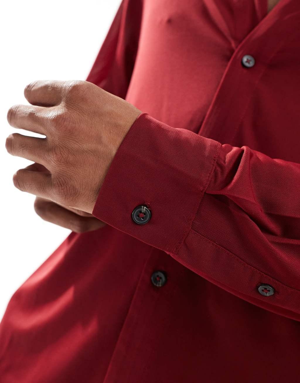 ASOS DESIGN boxy stretch sheer shirt with deep revere in burgundy  Product Image