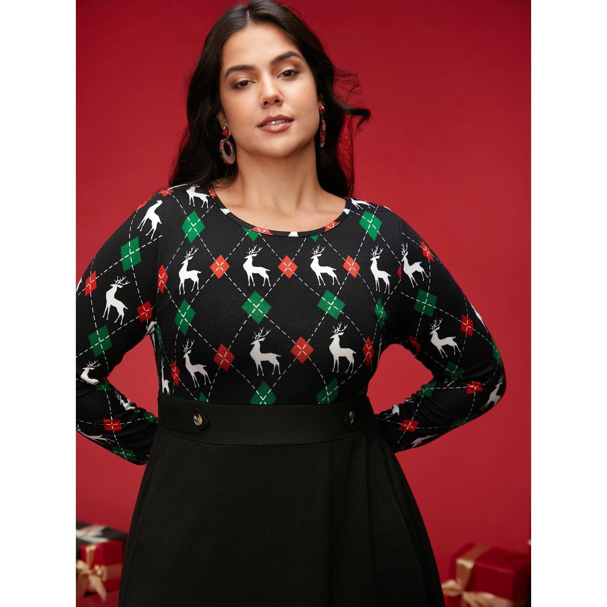 Plus Size Reindeer Printed Fit-and-Flare Midi Dress Black Women Casual Patchwork Party Curvy Bloomchic 22-24/3X Product Image