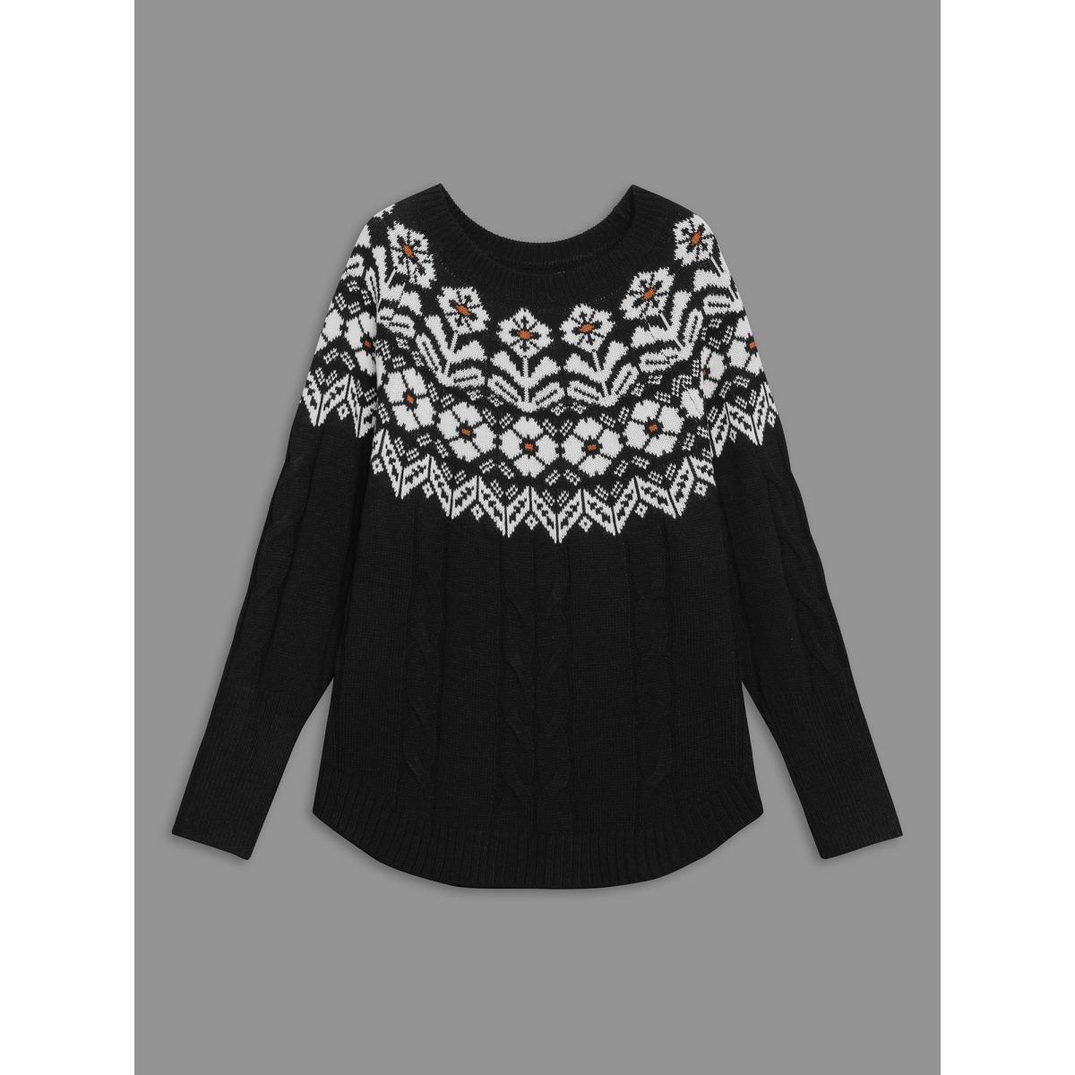 Plus Size Floral Cable Knit Curved Hem Pullover Black Women Casual Loose Long Sleeve Round Neck Everyday Pullovers BloomChic 18-20/2X Product Image
