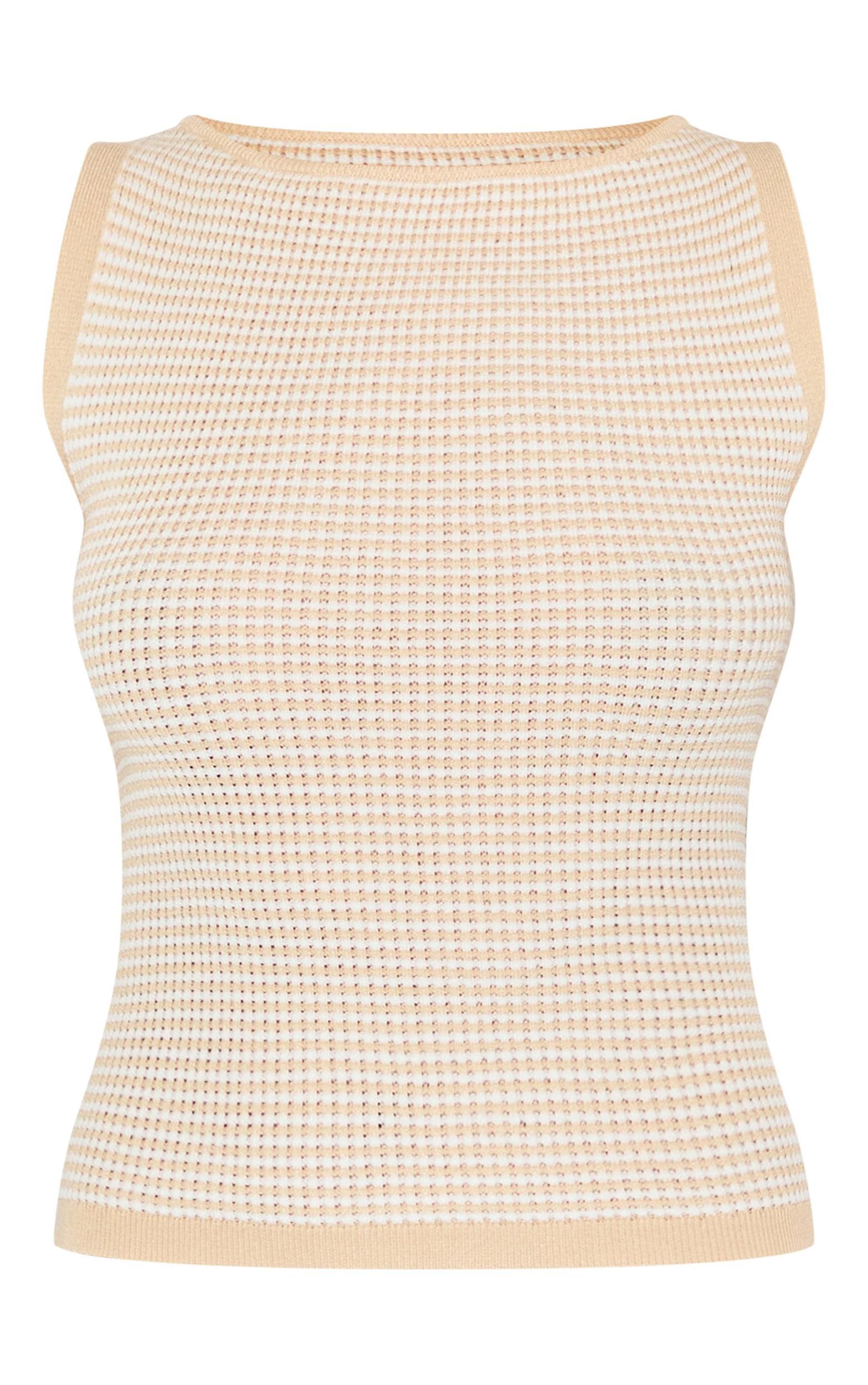Beige Stripe Waffle Knit Boat Neck Top Product Image