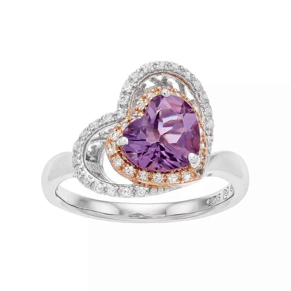 Two Tone Sterling Silver Amethyst & White Topaz Heart Halo Ring, Women's, Size: 8 Product Image