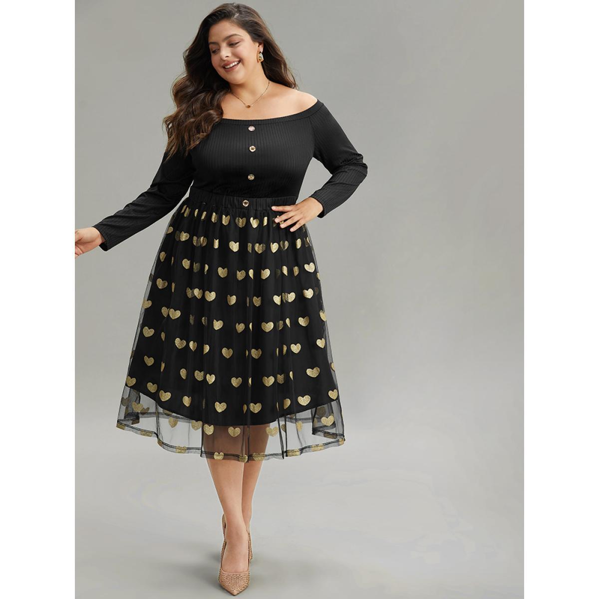 Plus Size Heart Print Rib Knit Button Detail Off Shoulder Dress Black Women Elegant Printed One-shoulder neck Long Sleeve Curvy Midi Dress BloomChic 18-20/2X Product Image