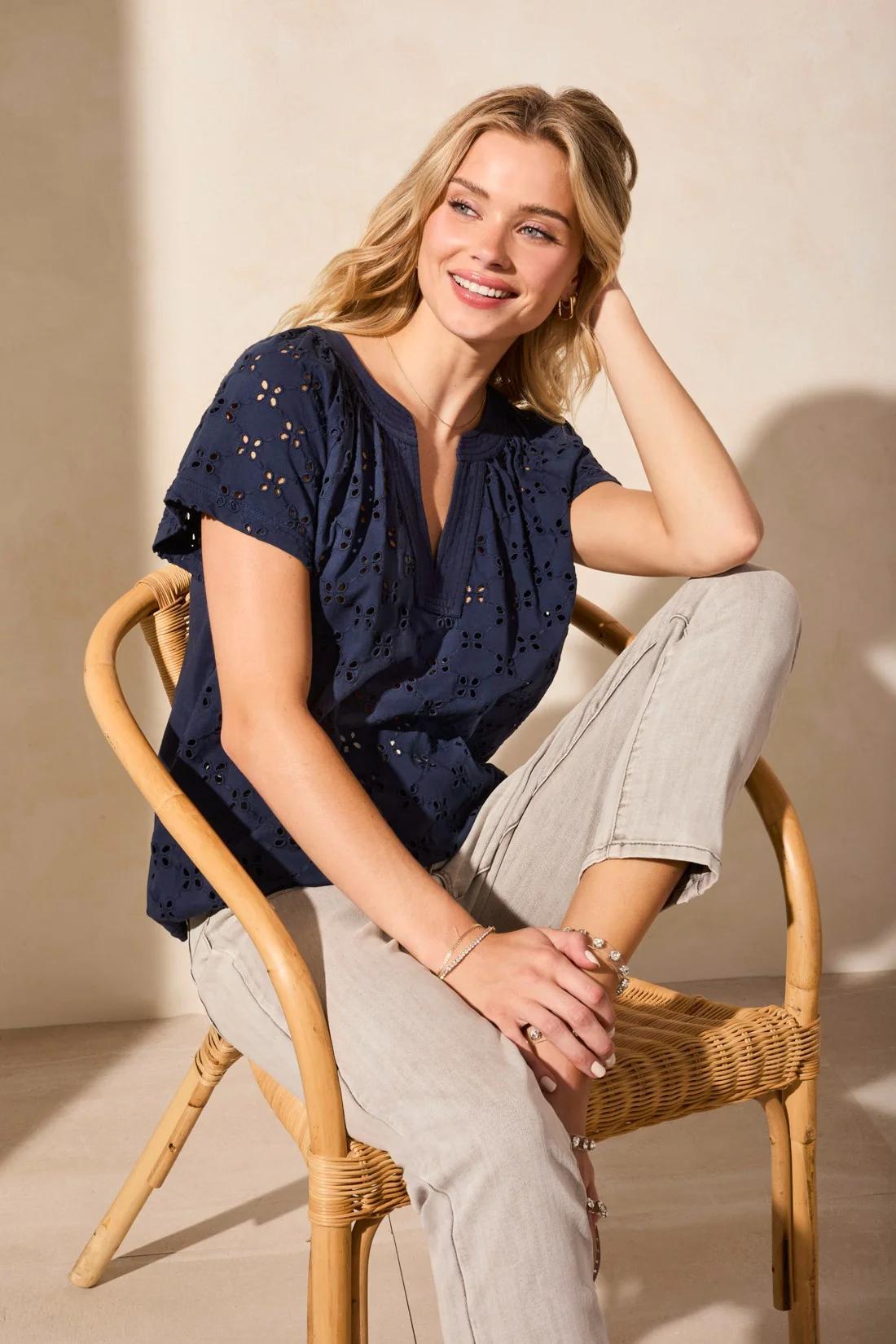 Embroidered Eyelet Short-Sleeve Notch Neck Top Product Image