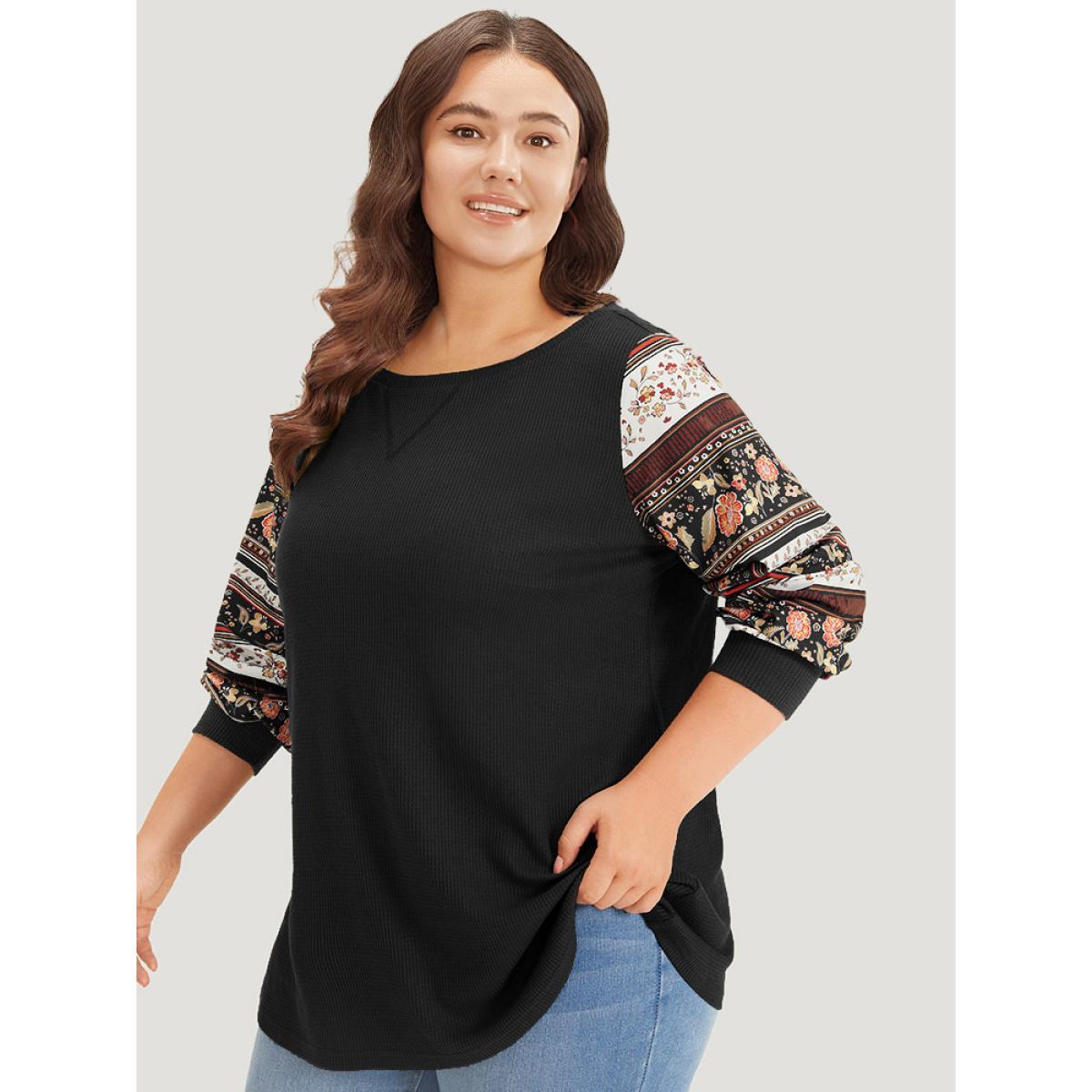 Plus Size Boho Print Patchwork Crew Neck Sweatshirt Women Black Casual Elastic cuffs Round Neck Everyday Sweatshirts BloomChic 28/5X Product Image