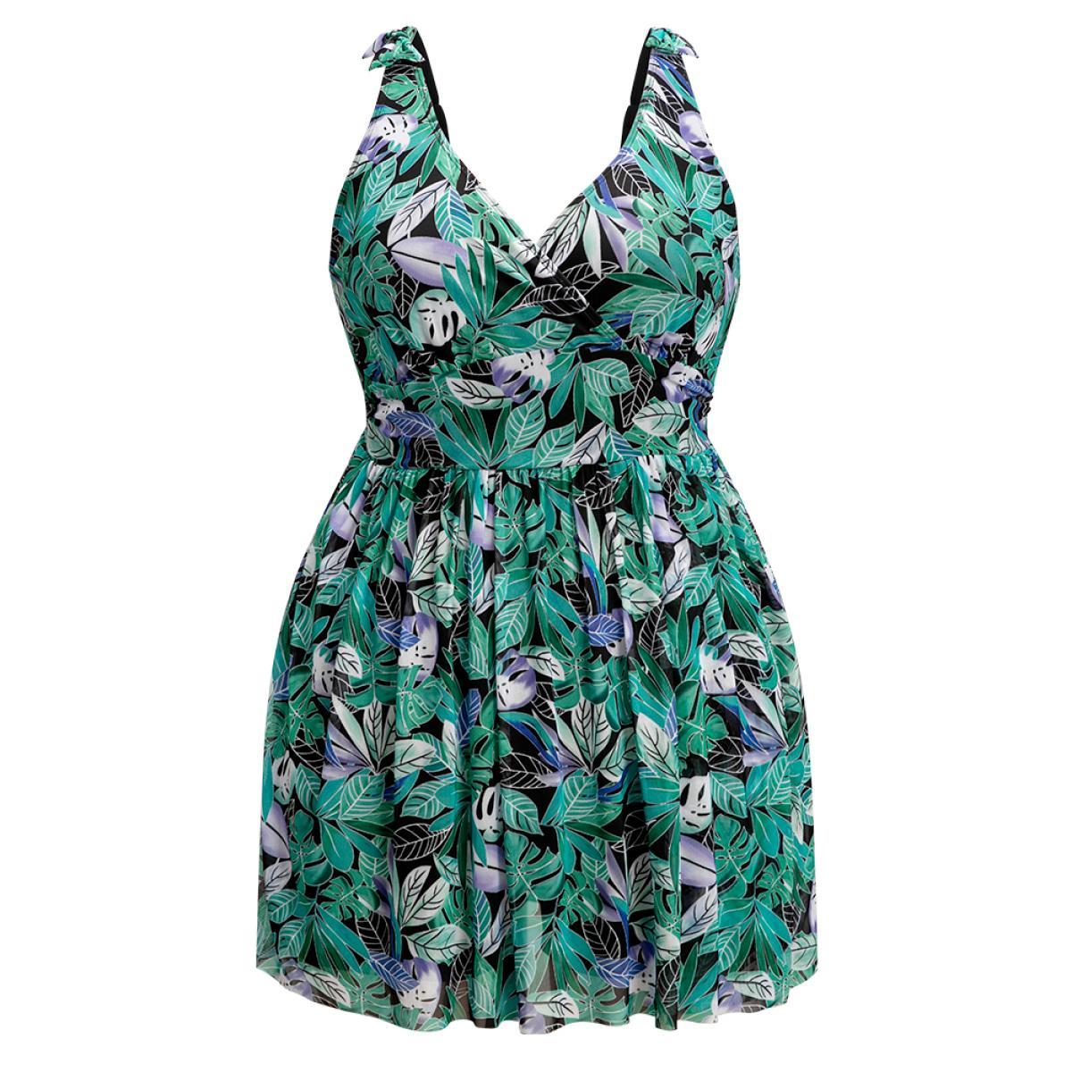 Plus Size Tropical Print Bow Sculpt Waist Split Swim Dress Women's Swimwear BlackFlower Vacation Bodycon V-neck High stretch Curve Swim Dresses BloomChic 30/6X Product Image