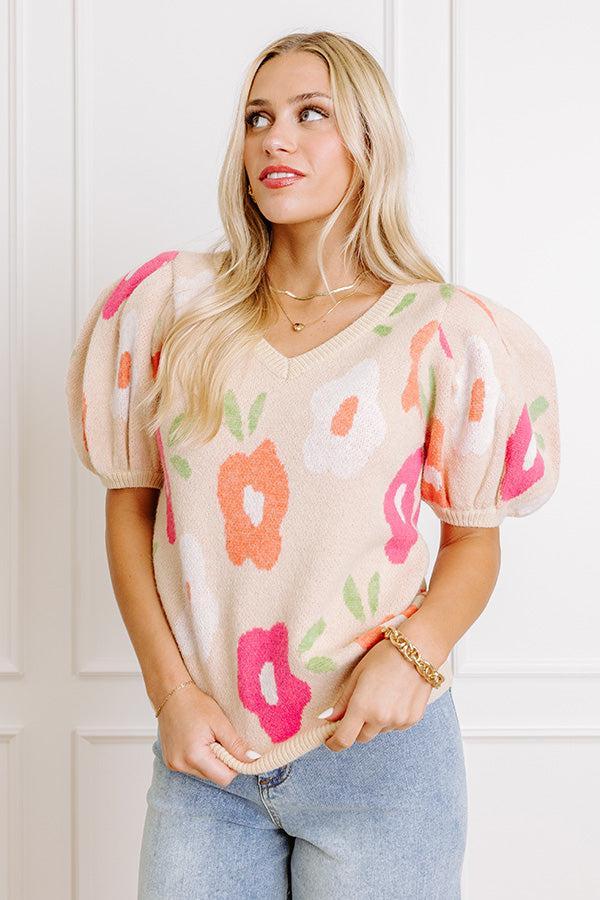 Flower Power Knit Sweater Top in Beige Product Image