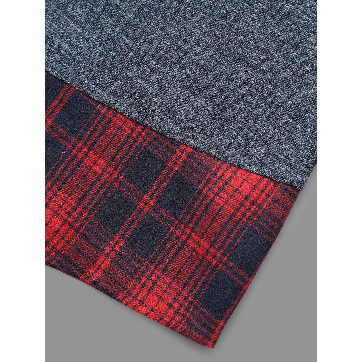 Plus Size Round Neck Plaid Patchwork Heather T-shirt Indigo Women Casual Contrast Round Neck Loose Everyday T-shirts BloomChic 28/5X Product Image