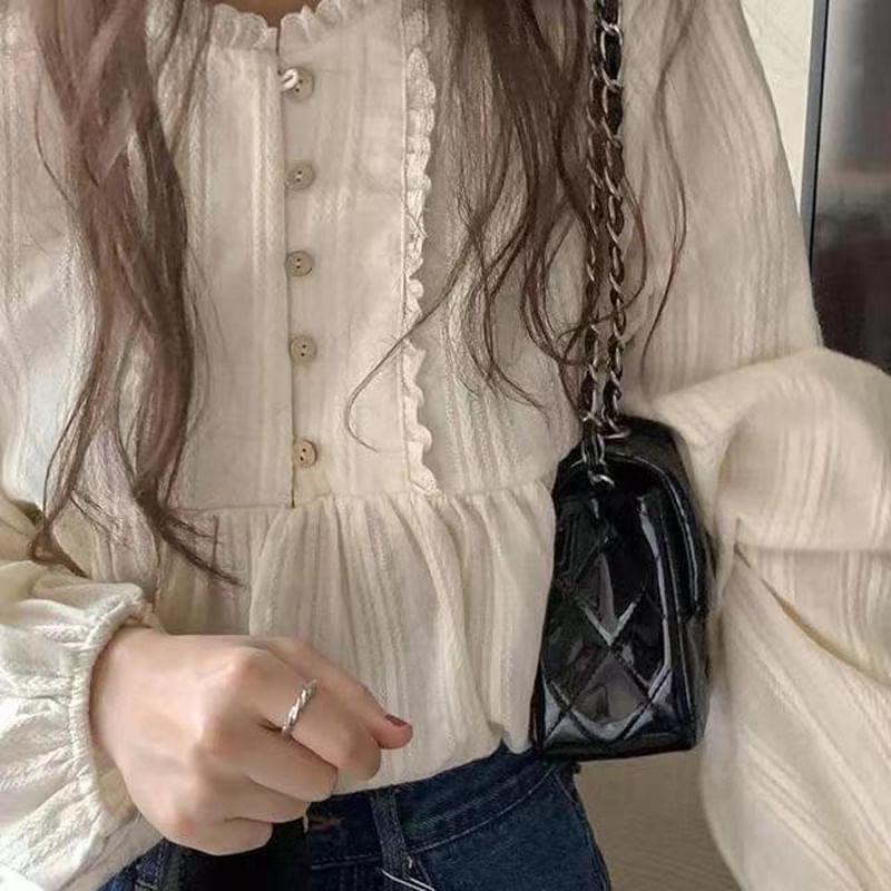Long-Sleeve Round Neck Plain Lace Trim Half-Button Blouse Product Image