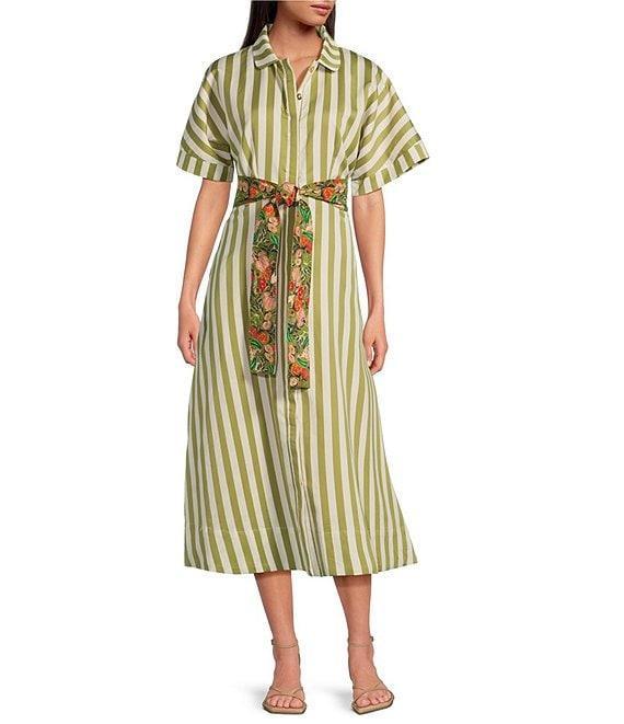 Buru Donna Day Short Sleeve Contrast Bow Detail Stripe Print Shirt Dress Product Image