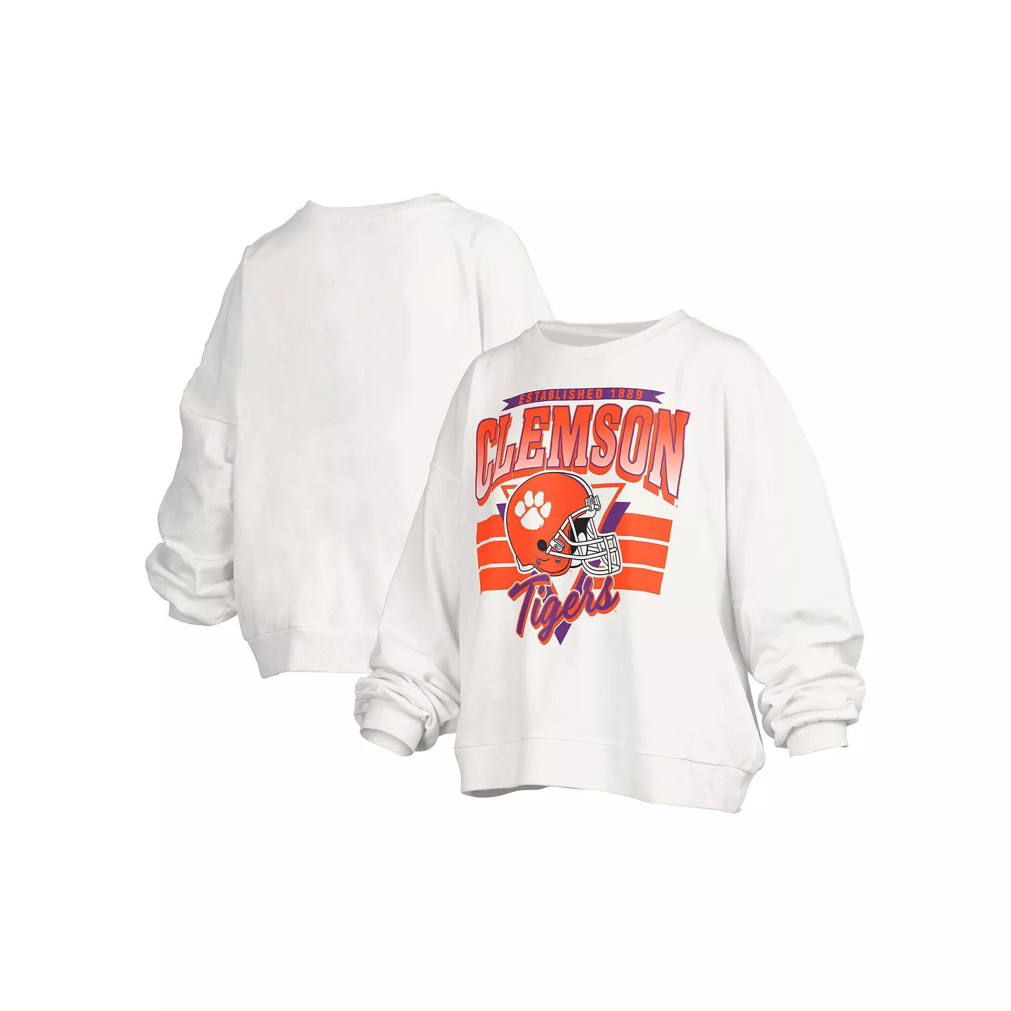 Women's Pressbox White Clemson Tigers Janice Retro Logo Oversized Pullover Sweatshirt, Size: Small Product Image