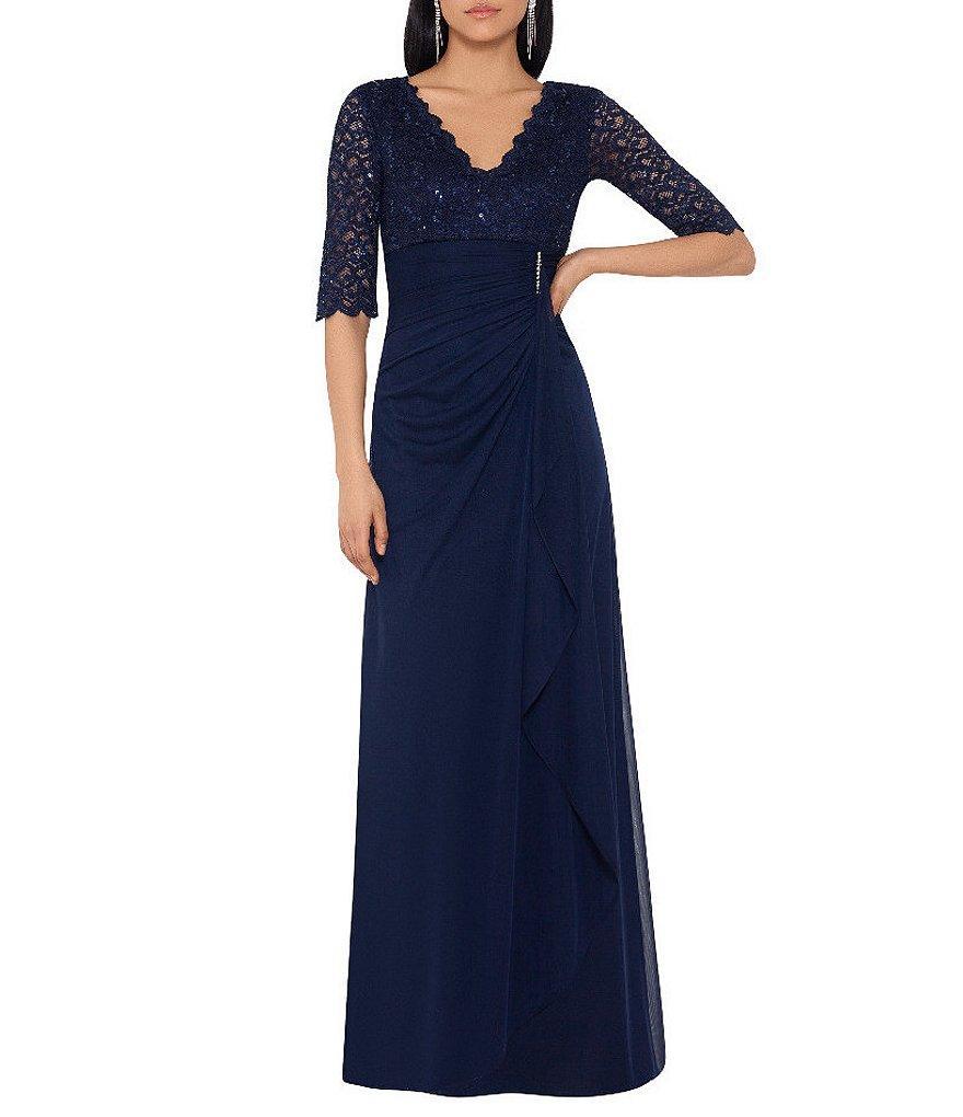 Betsy & Adam Sequin Lace V-Neck 3/4 Sleeve Gown Product Image