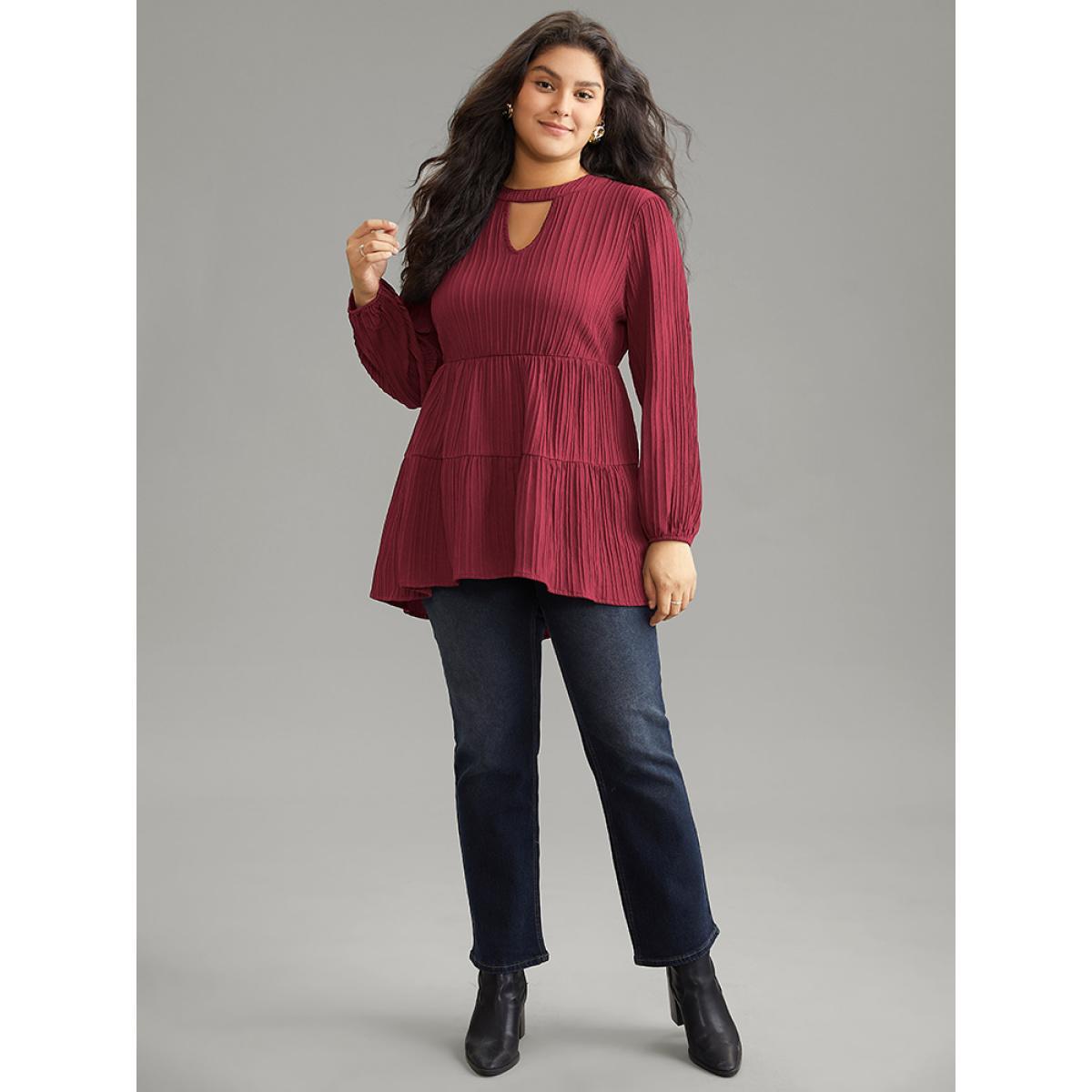 Plus Size Scarlet Keyhole Textured Lantern Sleeve Layered Hem Blouse Women Casual Long Sleeve Keyhole Cut-Out Dailywear Blouses BloomChic 18-20/2X Product Image