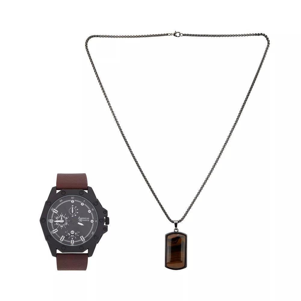 American Exchange Men's Brown Leather Strap & Necklace Set, Size: 48MM Product Image