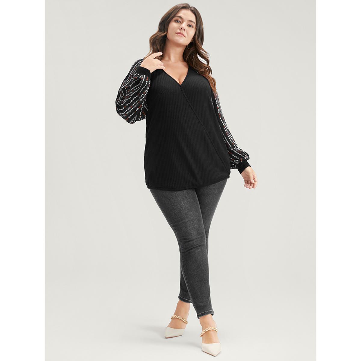 Plus Size Solid Patchwork Striped Lantern Sleeve Waffle Knit Wrap Sweatshirt Women Black Elegant Patchwork V-neck Dailywear Sweatshirts BloomChic 30/6X Product Image