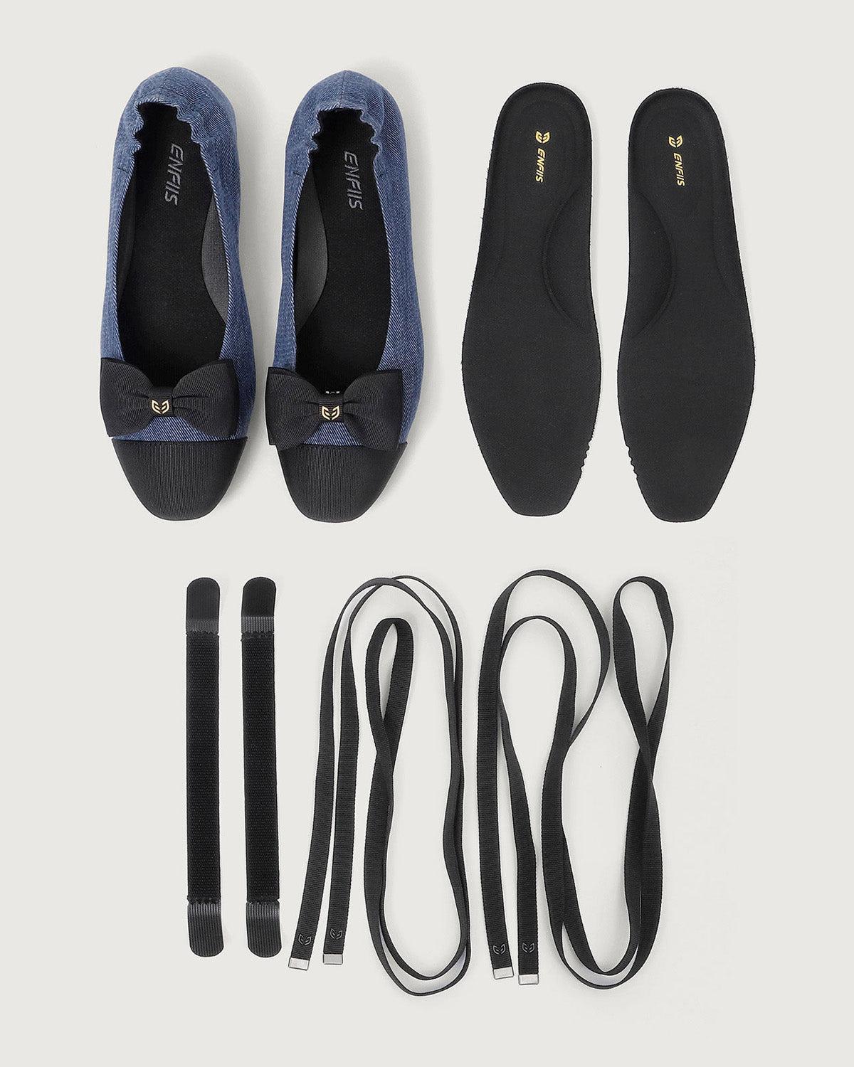 Enfiis Blue Twill Denim Square Toe Ballet Flats Product Image
