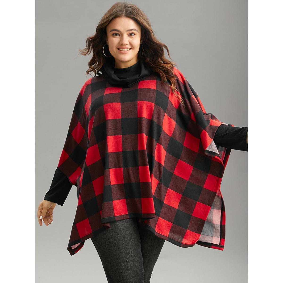 Plus Size Plaid Cowl Neck Dolman Sleeve Asymmetrical Hem Sweatshirt Women Red Casual Contrast Cowl Neck Festival-Christmas Sweatshirts BloomChic 14-16/1X Product Image