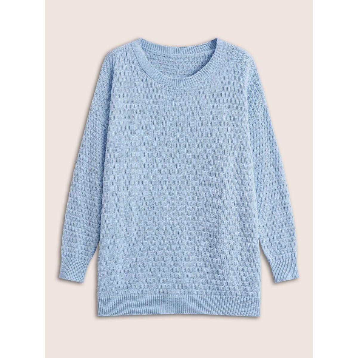 Plus Size Plain Texture Round Neck Elastic Cuffs Pullover LightBlue Women Basics Long Sleeve Round Neck Everyday Pullovers BloomChic 10/M Product Image