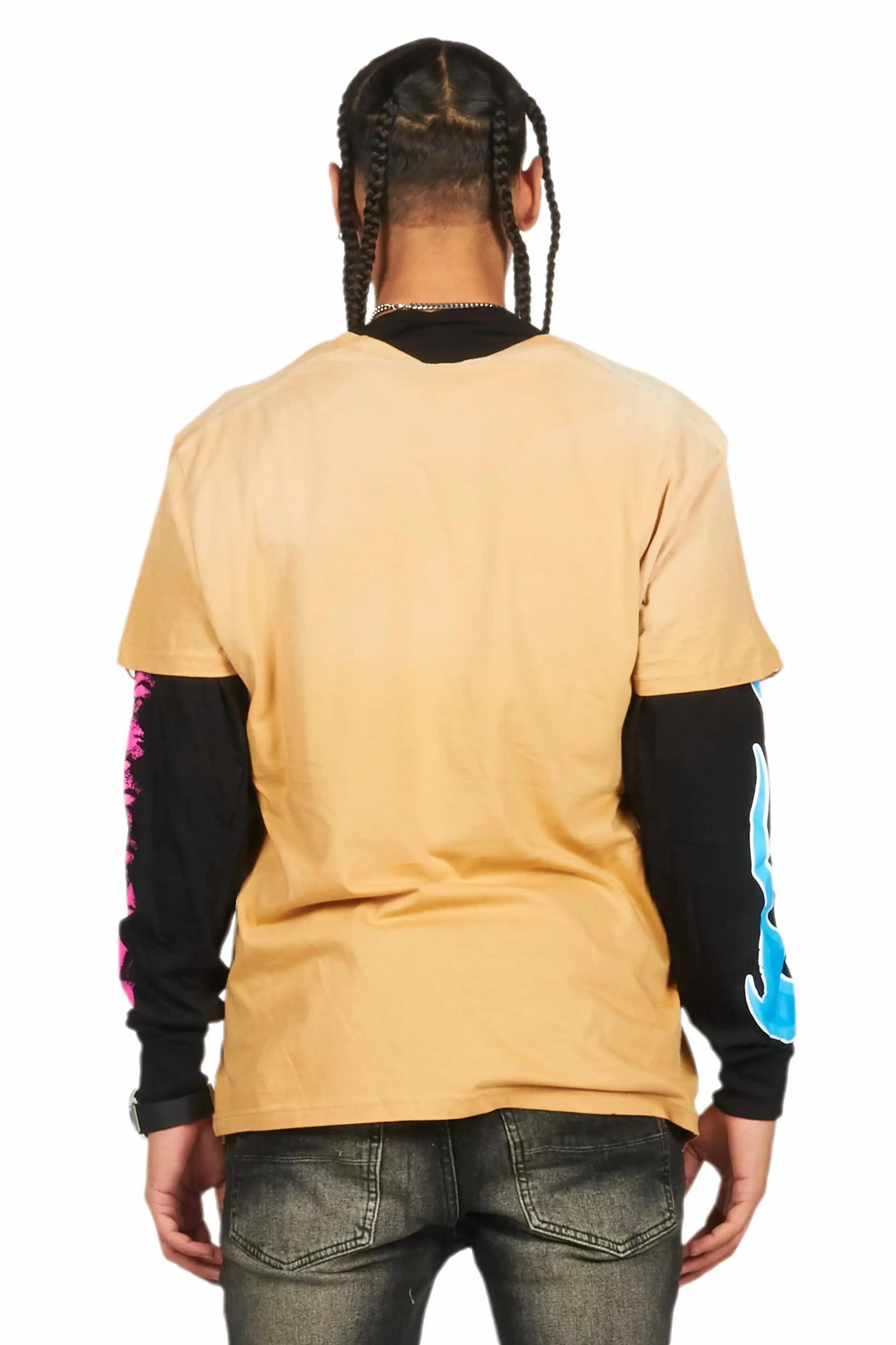 Beno Beige/Black Double Layer Long Sleeve Graphic T-Shirt Male Product Image