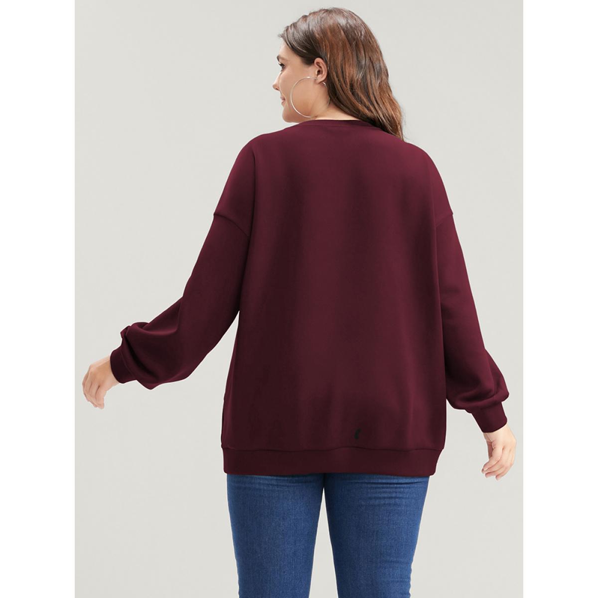 Plus Size Solid Zipper Pocket Drop Shoulder Sweatshirt Women Burgundy Casual Zipper Round Neck Dailywear Sweatshirts BloomChic 10/M Product Image
