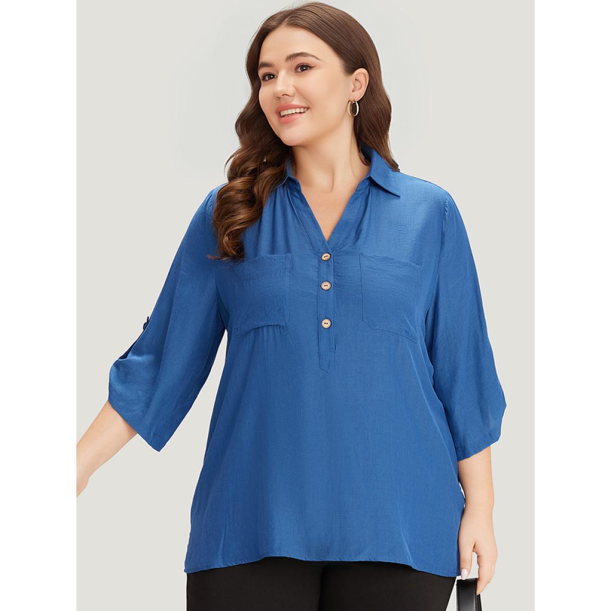Plus Size Aegean Supersoft Essentials Solid Button Up Pocket Shirt Collar Blouse Women Office Elbow-length sleeve V-neck Dailywear Blouses BloomChic 14-16/1X Product Image