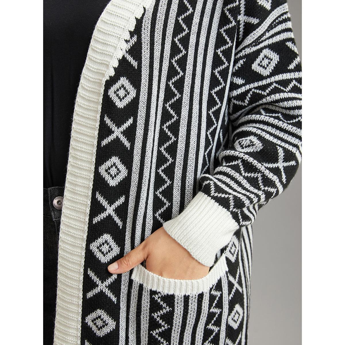 Plus Size Geometric Bandana Contrast Pocket Cardigan Black Women Casual Loose Long Sleeve Dailywear Cardigans BloomChic 30/6X Product Image