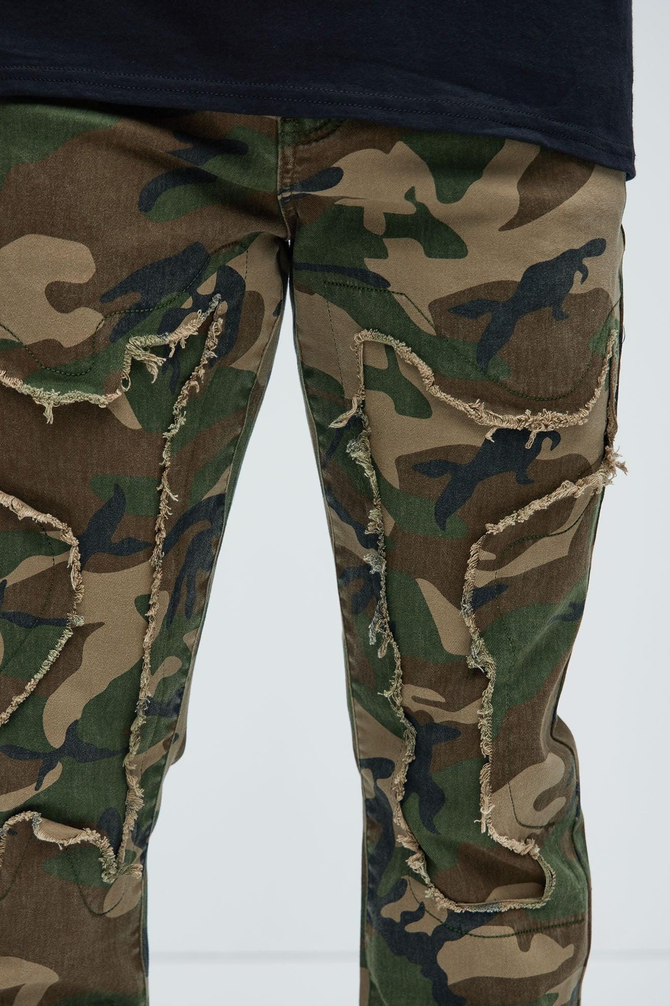 Coming Sideways Fray Stacked Skinny Flare Pants - Camouflage Product Image