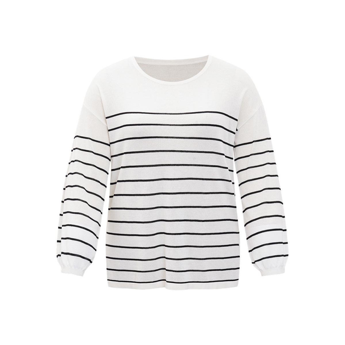 Plus Size Striped Split Side Lightweight Elastic Cuffs Pullover White Women Casual Loose Long Sleeve Round Neck Everyday Pullovers BloomChic 26/4X Product Image