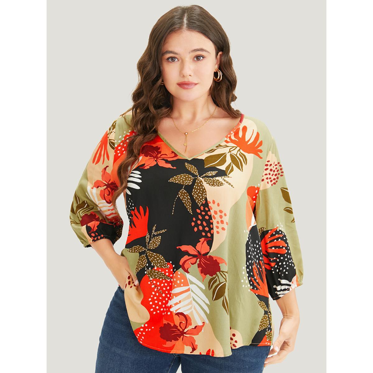 Plus Size BlackFlower Plant Print Lantern Sleeve V Neck Blouse Women Vacation Elbow-length sleeve V-neck Dailywear Blouses BloomChic 10/M Product Image