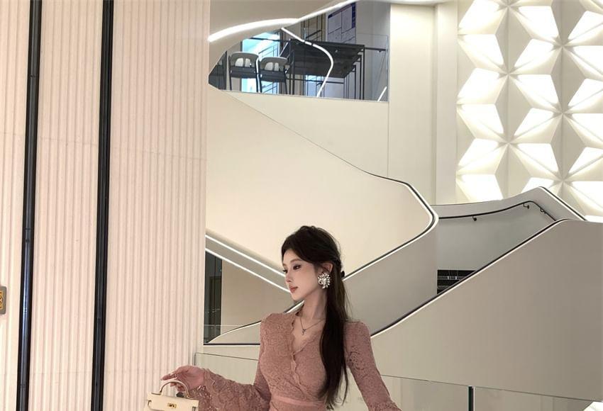 Long Sleeve V-Neck Plain Lace Bodycon Mini Dress Product Image
