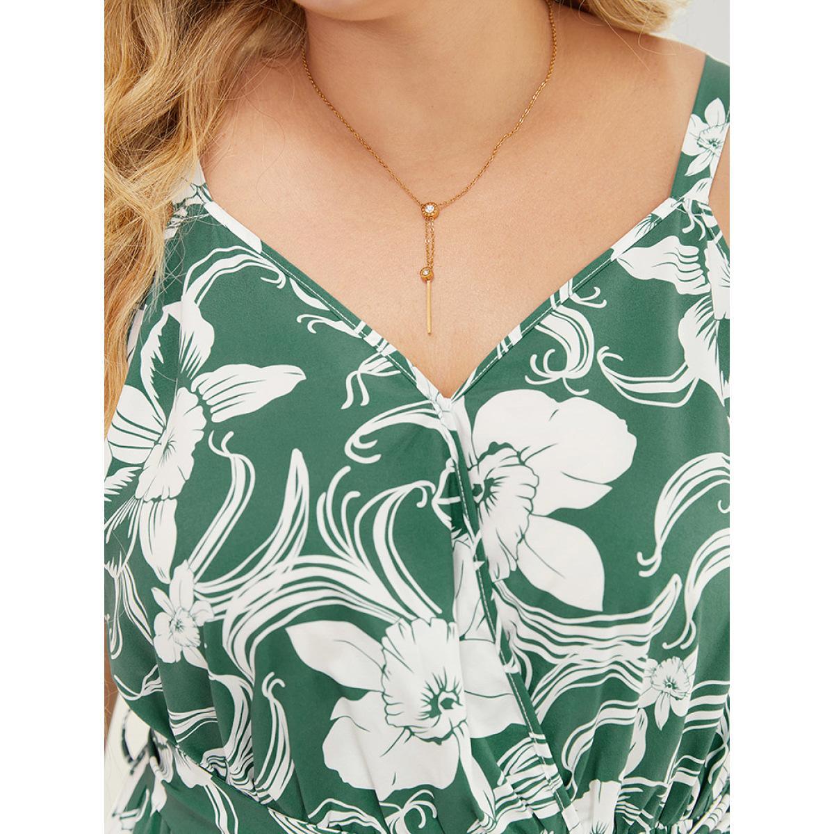 Plus Size Floral Split Flutter Hem Wrap Pocket Belted Cami Dress Green Women Elegant Adjustable Straps V-neck Sleeveless Curvy Midi Dress BloomChic 22-24/3X Product Image