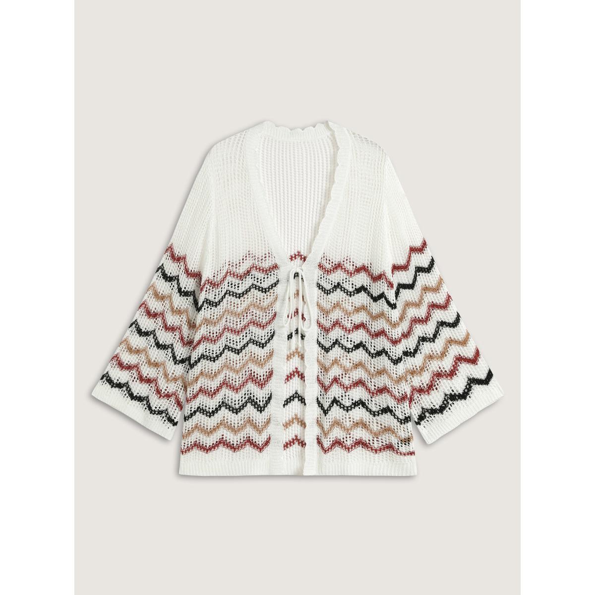 Plus Size Irregular Stripes Front Double Tie Lightweight Cardigan Ivory Women Loose Sleeveless Vacation Cardigans BloomChic 14-16/1X Product Image