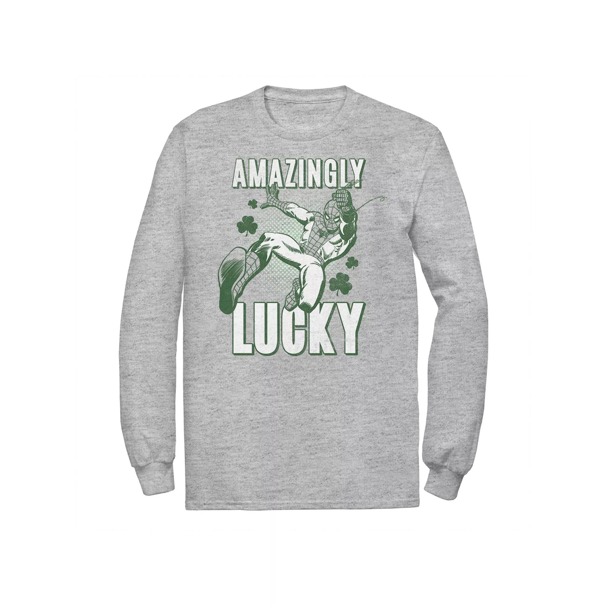 Men's Marvel St. Patty's Spider-Man Amazingly Lucky Tee, Size: Medium, Athletic Grey Product Image